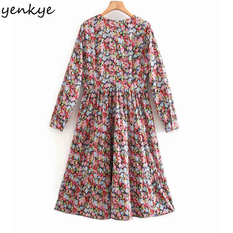 YENKYE Multicolor Floral Print Dress Women O Neck Long Sleeve Pleated Casual Dress Female Midi Vestido Plus Size 210515