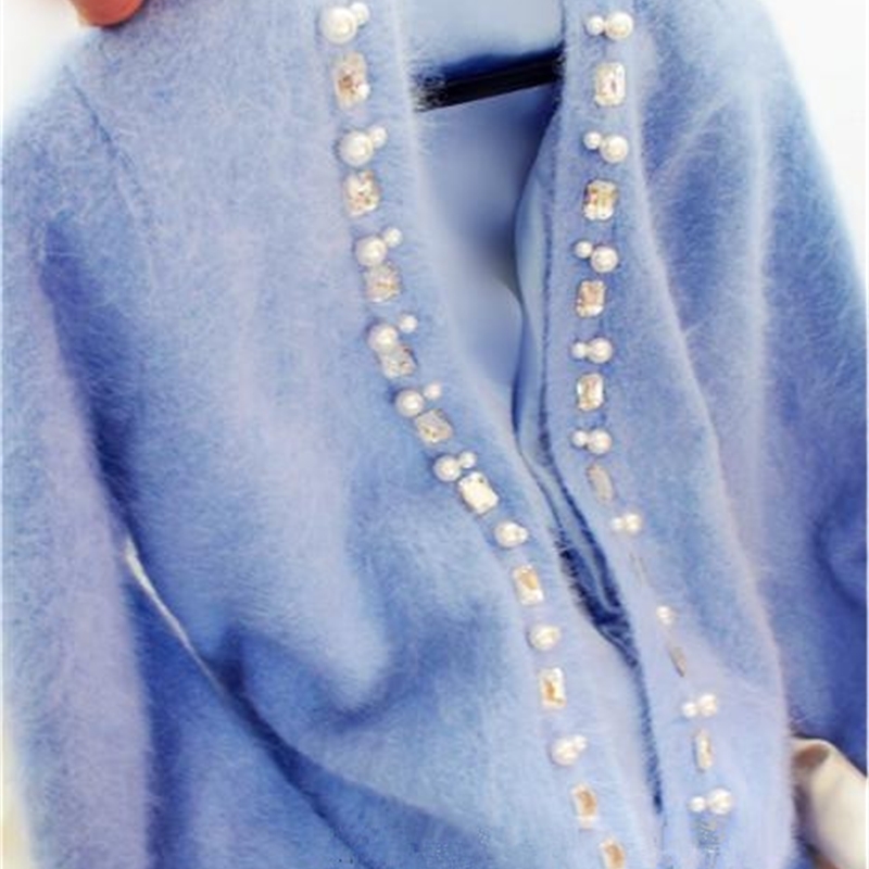 Women Cardigans Sweater Beaded Pearl Female Mohair Knitted Blue Autumn For 210520