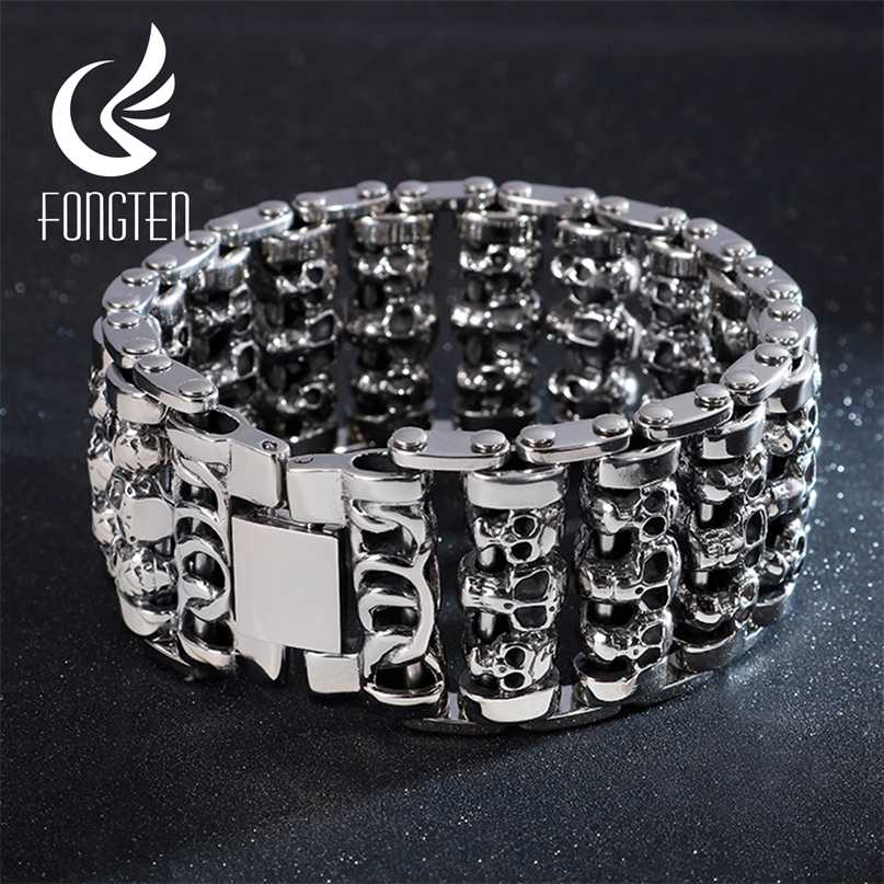 Fongten Wholesale Wide Skull Stainless Steel Bracelets Men Metal Biker Viking Charm Large Argent Bracelet Bangle Jewelry 211124