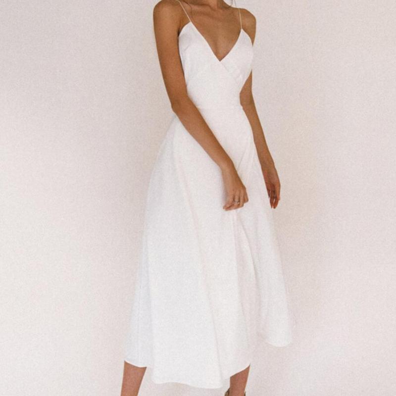 Women Dress V-neck Sleeveless Spaghetti Strap White Dresses Plus Size Sexy Split Long Party 210524