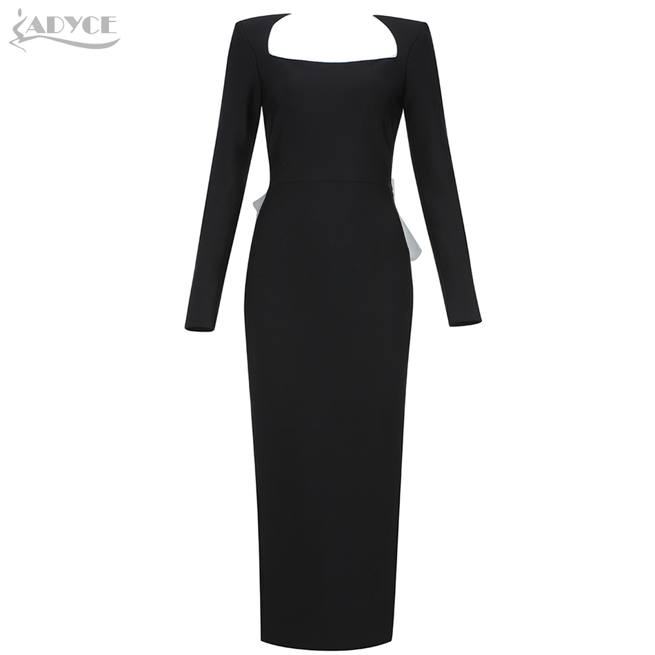 Winter Women Black Backless Long Sleeve Bodycon Bandage Dress Sexy Patchwork Bow Midi Club Celebrity Party 210423