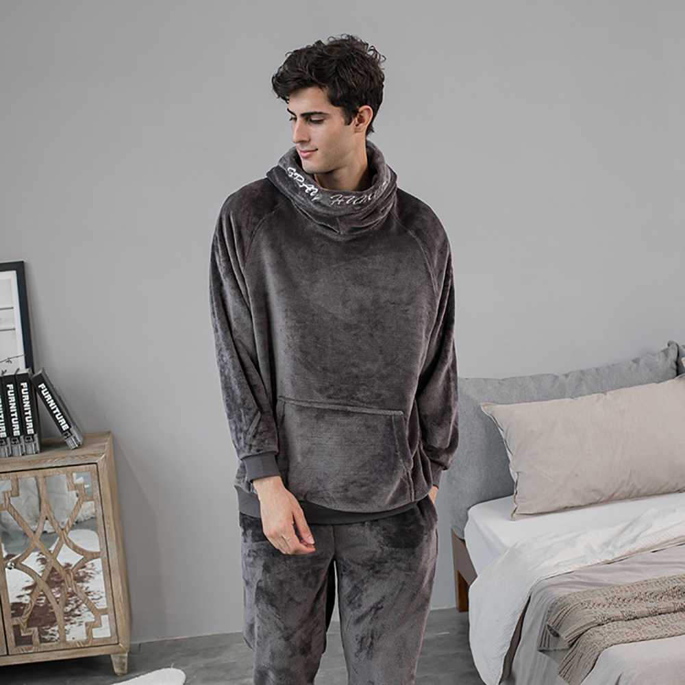 Men's Warm Hooded Pajamas Winter Flannel Pajama Sets Loose Male Lounge Set Plus Size Fashion Letter Embroidery Pijama Sleepwear 211014