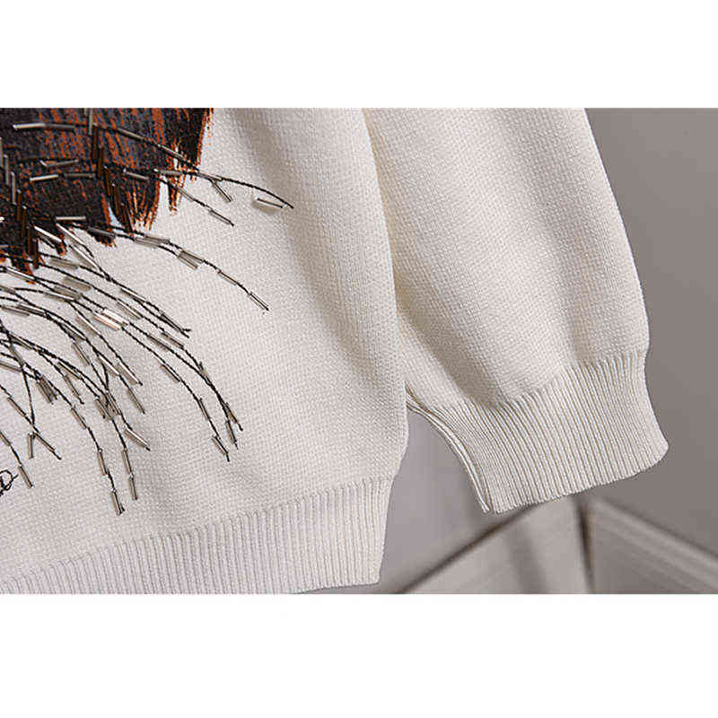 Knitwear 2 Piece Suits Spring Autumn Women Fashion Beading Old tiger Warm Sweater + Loose Trousers Knitted sets 211106