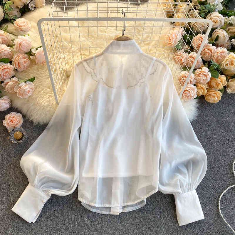 Nomikuma Spring New Elegant Women Blouses Korean Flower Embroidery Puff Sleeve Chiffon Shirt + Basic Sling Vest Sets 6E263 210427