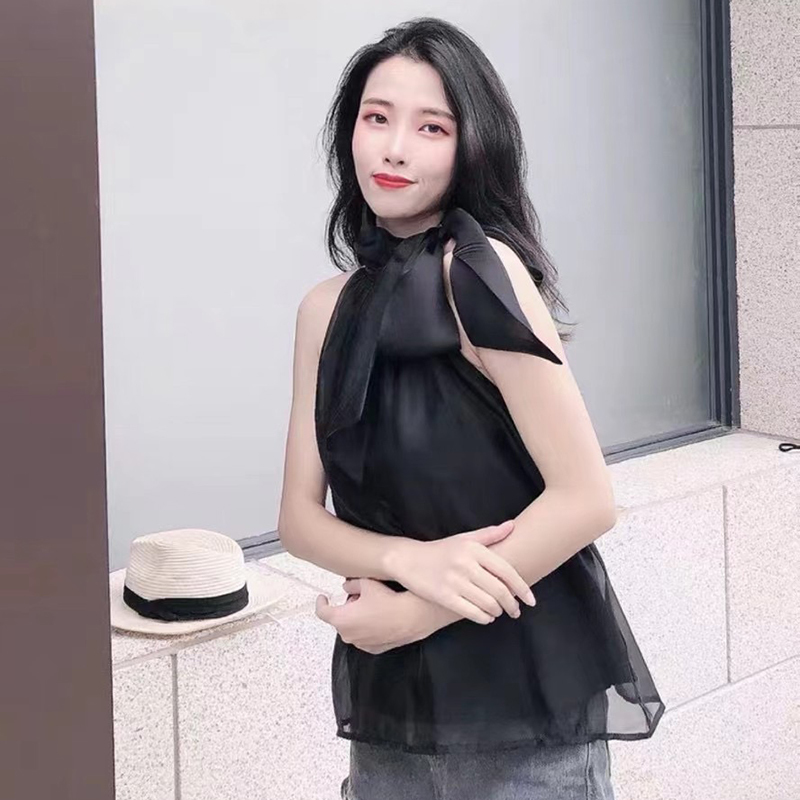 Lace Up Bowknot Casual Shirt For Women Stand Collar Sleeveless Minimalist Blouse Female Fashion Clothing 210524