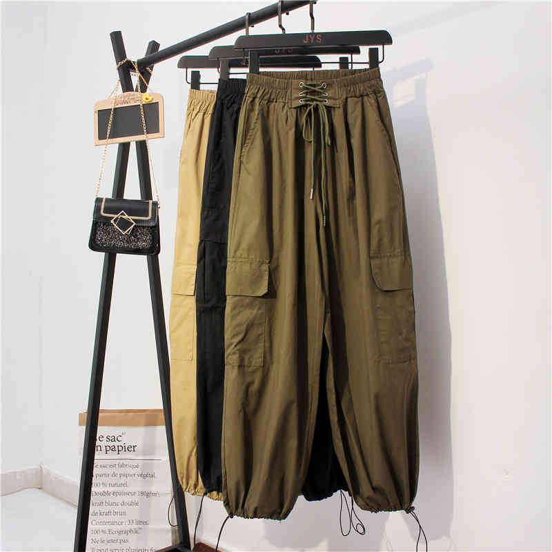 Autumn Cargo Pants Elastic Trousers High Waist Women Casual Streetwear Harem Woman Solid Femme Pantalon 10661 210518