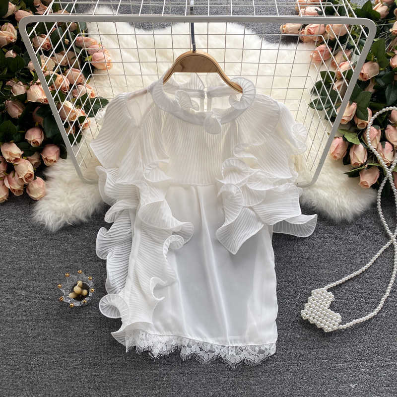 Chiffon Blouse Women Korean Pleated Ruffle Blusa Feminina Summer Butterfly Sleeve Shirt Causal Tops 6J199 210603