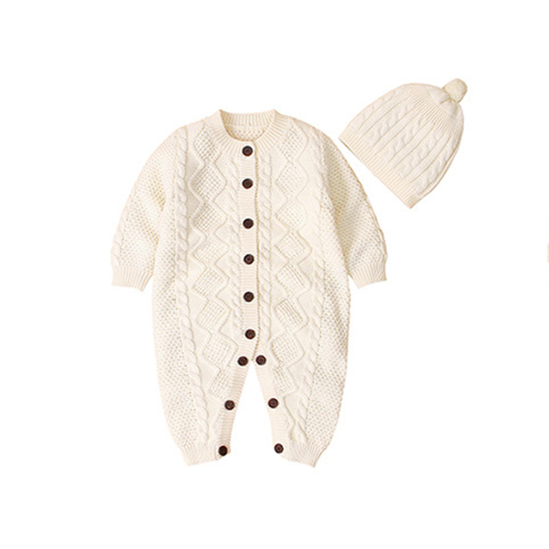 Autumn Winter Baby Boys Girls Pure Color Rompers Clothes + Hat 2PCS Children Boy Girl Kids Knitting Long Sleeve 210429