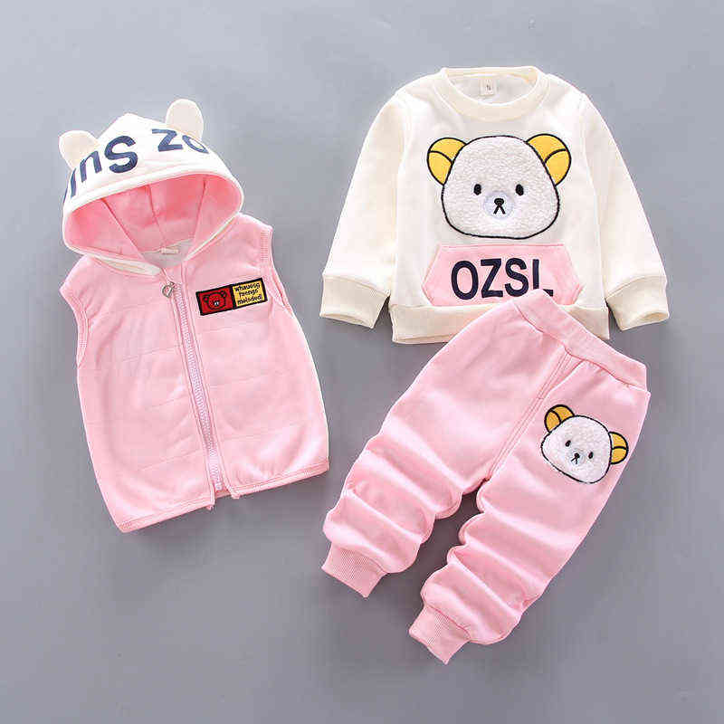 Baby Girl Clothes For Children Clothing Sets Vest+Coat+Pant 3 Picecs Boy Set Cartoon Bear Girls 1-4 Age 211104