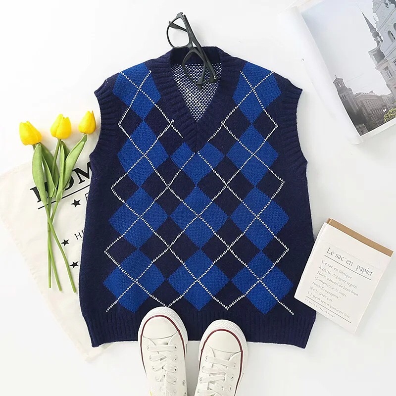 Preppy Style Check Plaid Knitted Sweater Vest Women 90s Vintage Korean Clothing Loose Waistcoat Y2K Knitwear Sleeveless Jumper 210429