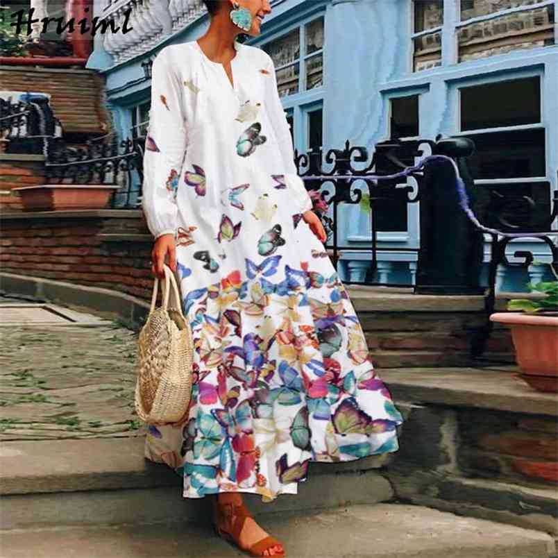 Dress Woman Long Sleeve V-Neck Casual Butterfly Big Swing Elegant Women es Party Holiday Office Robe Ete Femme 210513