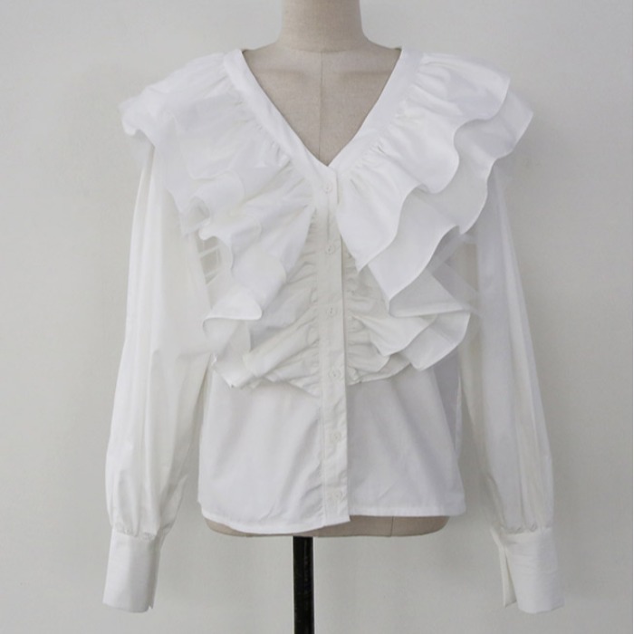 Nomikuma Korean Ruffle Patchwork Blouse Shirt Puff Sleeve V-neck Women Shirt Causal Spring Single Breasted Blusas New 6D929 210427