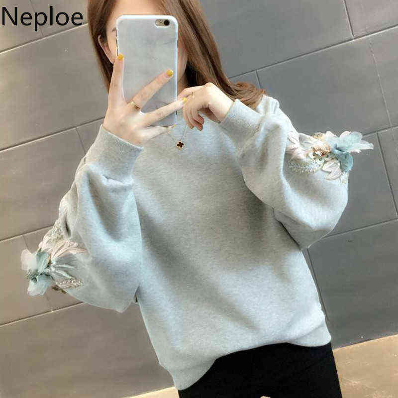 Neploe Thicked Flower Embroidery Hoodies O Neck Long Sleeve Ins Warm Sweatshirt Autumn Spring Solid Ladies Top 48207 211109