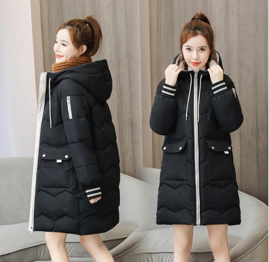 Autumn Winter Keep Warm Women Long Jackets Quilted Puffer Parkas Loose Hooded Solid Color Leisure Coat blue black 210429