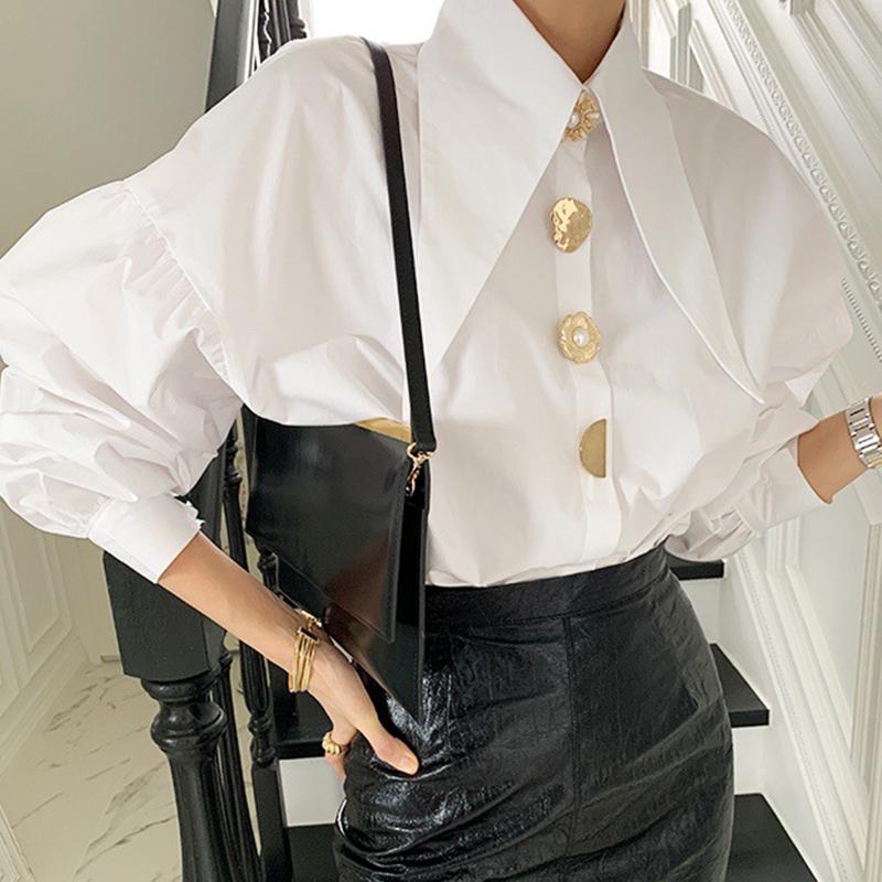 Women's Blouses & Shirts 2021 Autumn Pointed Collar White Shirt Women Lantern Long Sleeve Single Breasted Office Lady Elegant Chic Casual