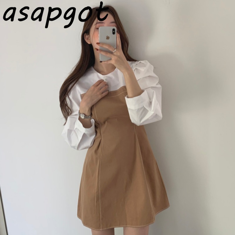 Autumn Vintage Plus Size Casual Dress Short Contrast Color O Neck Puff Sleeve Patchwork Vestido De Mujer Chic Korea Fashion 210429
