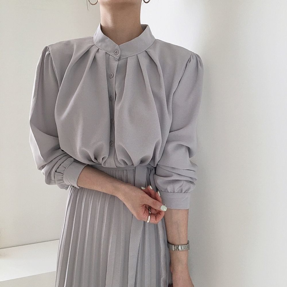 Autumn Elegant Stand Collar Long Dress Women Vintage Chiffon Long Sleeve Party Dress Casual Vestidos Woman Clothing 210518