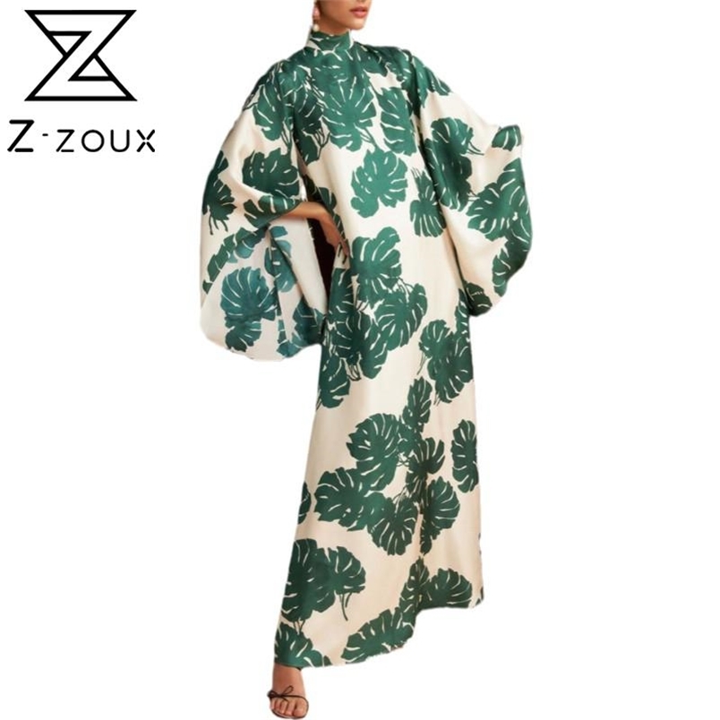 Women Dress Temperament Party es Stand Collar Flare Sleeve Printed Loose Maxi es Plus Size Summer es 210513
