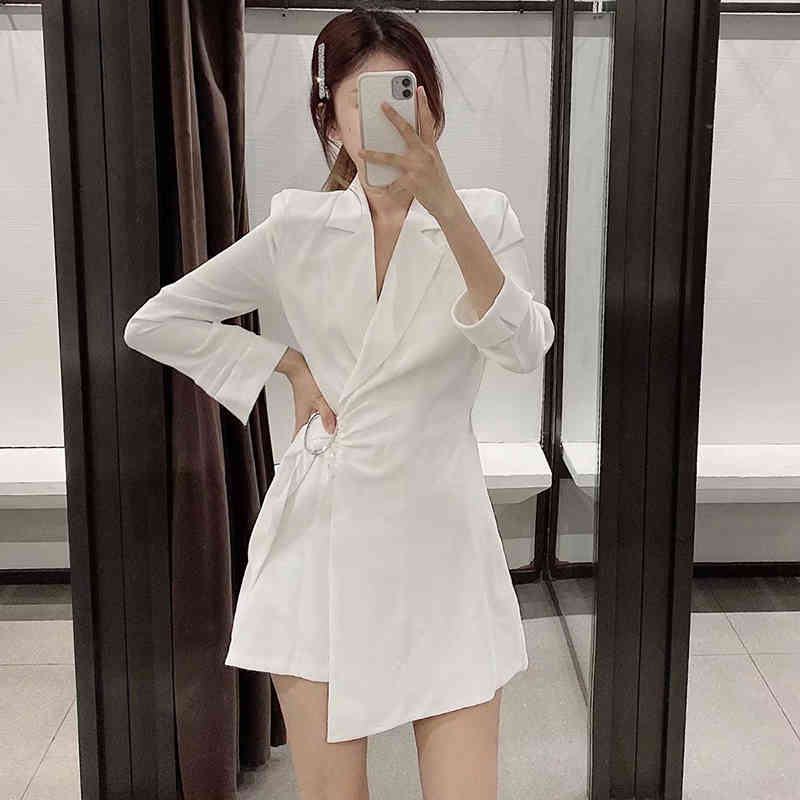 BlazerStyle Playsuit Women Office Wear Long Sleeve White Bodysuit Notched Collar Solid Elegant Short Jumpsuit With Belt 210515