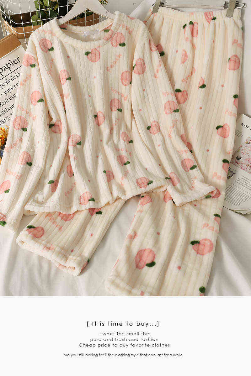 Harajpee Women's Pajama Autumn Winter Suit O-Neck Loose Thin Long Sleeve Pajamas Peach Printed Elastic Waist Straight Pants 211118