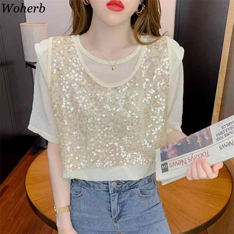 Women Tops Summer Loose Fake Two Piece T-shirt Sequin Gauze Patchwork O Neck Tees Shirt Elegant Short Sleeve Tshirts 210519, Green
Women Tops Summer Loose Fake Two Piece T-shirt Sequin Gauze Patchwork O Neck Tees Shirt Elegant Short Sleeve Tshirts 210519, Green