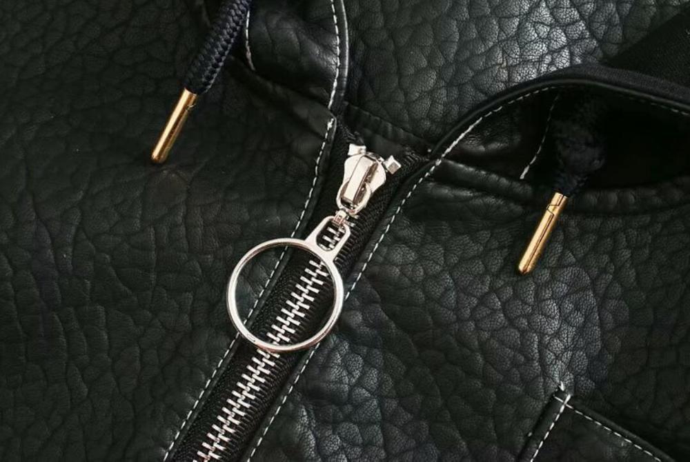 Safari Women Spliced Hooded Faux Leather PU Jacket Double Pockets Loose Zipper Casual Coat 210429