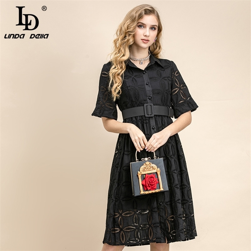 Summer Fashion Runway Vintage Black Dress Women Flare Sleeve Flowers Embroidery Belted Holiday Party 210522