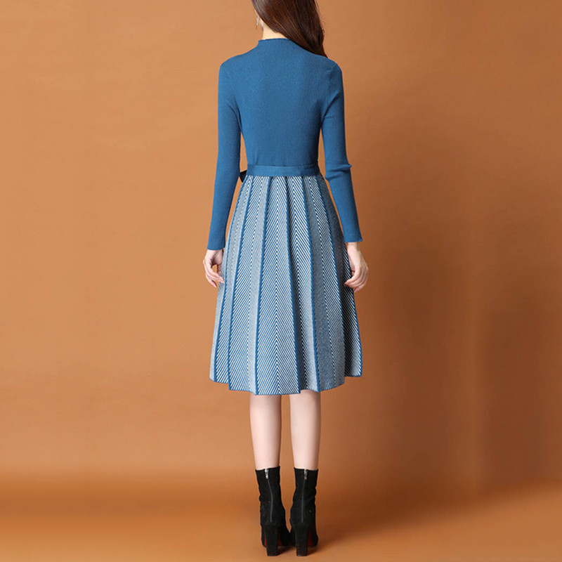 Vintage Elegant Knitted Sweater Pleated Dresses Winter Women Long Sleeve Office Lady Casual Midi Vestido Da Festa 210520