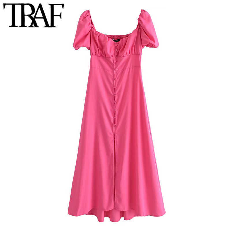TRAF Women Chic Fashion With Buttons Linen Midi Dress Vintage V Neck Puff Sleeve Back Elastic Female Dresses Vestidos 210630