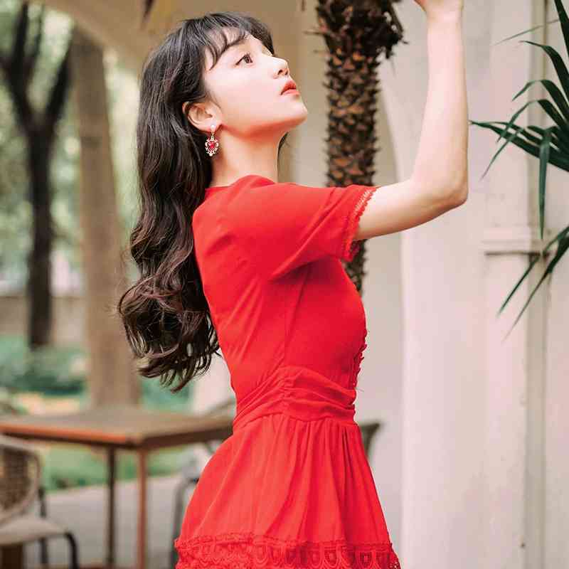 Summer Self Portrait Runway Pleated Dress Women Chiffon Patchwork Lace Cascading Ruffles Long Slim Red Cake es 210520