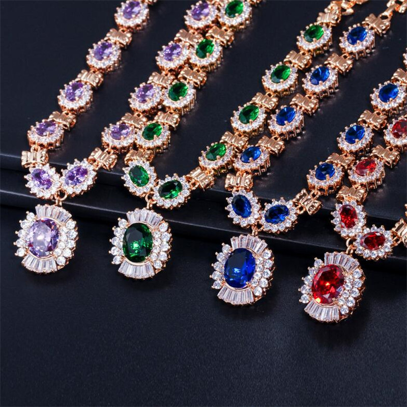 Choucong Brand Vintage Jewelry Set 18K Gold Fill Full Oval Cut Multi Color 5A Cubic Zircon Necklace Stud Stunning Earrings Women Wedding Bridal Jewell