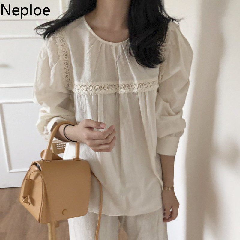 Neploe Korean Chic Blouse Women Lace Patchwork Shirt Female O-neck Lantern Sleeve Blouses Tops Blusas Mujer De Moda 4F991 210422