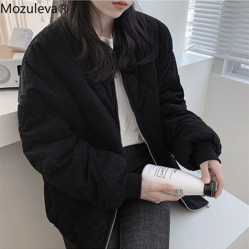 Mozuleva Autumn Winter Women thick Jackets V-neck Puffer Corduroy Parkas High-Quality Warm Oversize Vintage Wild Coat 210819