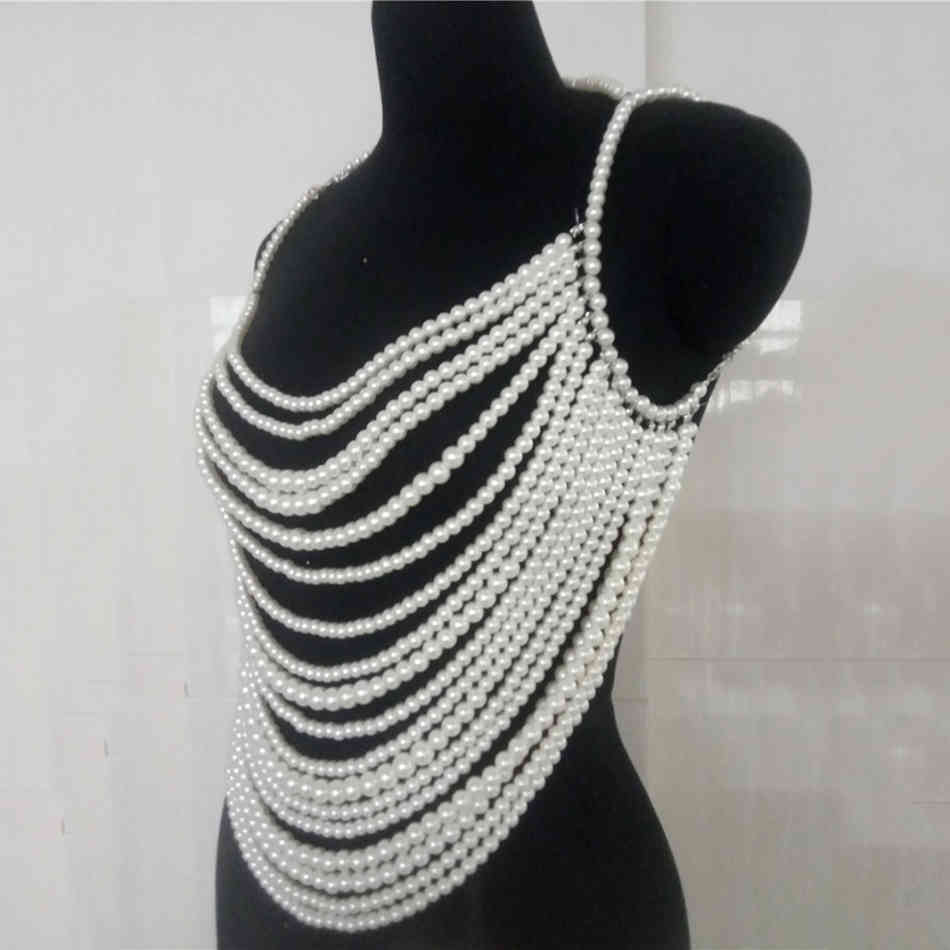 Free Fashion Strap Pearl Top Women V-neck Sleeveless Halter Elegant Beaded Tank Party Accessories 210524