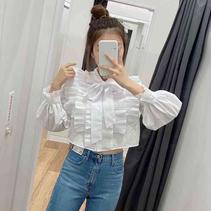 Nomikuma Crop Top Women Shirt Korean Ruffle Patchwork Sweet Tops Bow Tie Collar Long Sleeve Blouse New Short Blusas 6D953 210427