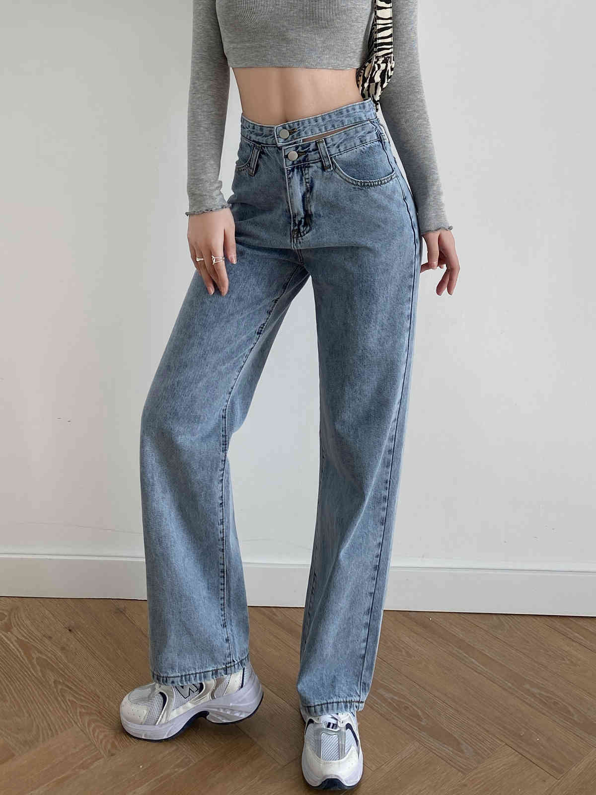 Spring Hollow Out Double High Waist Jeans for Women Mum Denim Pants Street Casual Wide Leg Long Trousers 210429