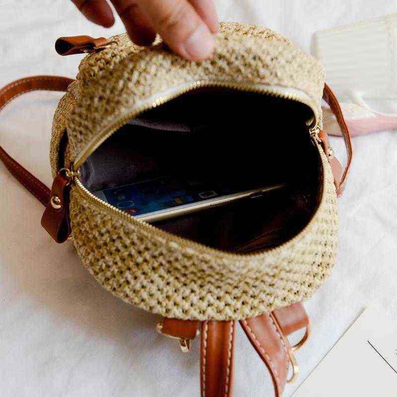 Casual Straw Women Backpacks Wicker Woven Travel Bag Beach Rattan Purses Mini Straw Backpack Female Sac 2021 Y1105
