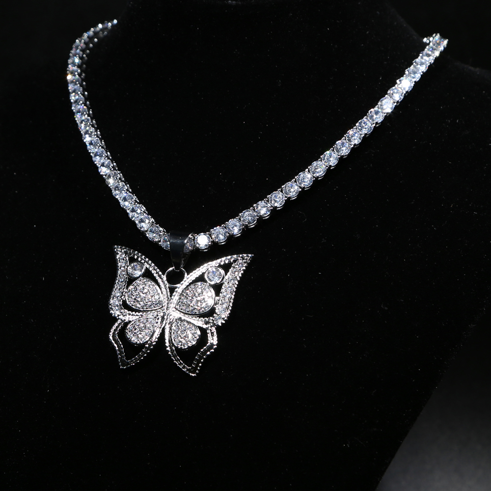 Large big Butterfly pendant with 5mm cz tennis chain necklace for women hip hop Jewelry with silver plated wholesale