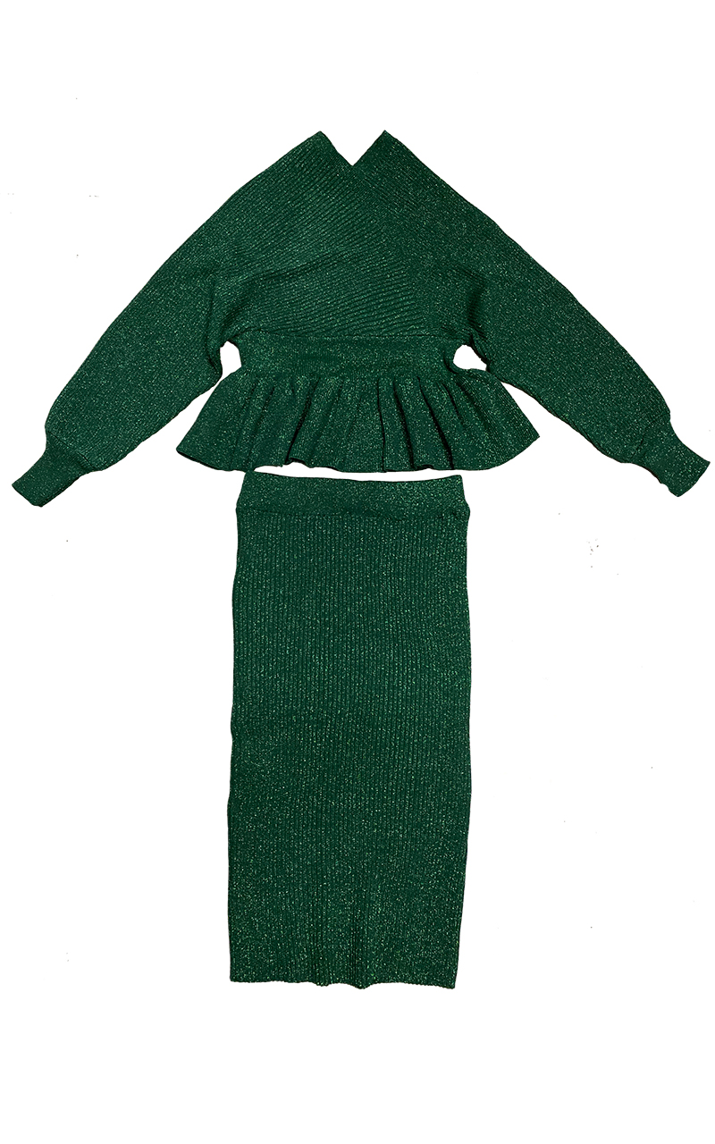 Womens autumn sexy v-neck shinny lurex patched knitted slim waist ruffles sweater and knee length pencil skirt twinset dress suit