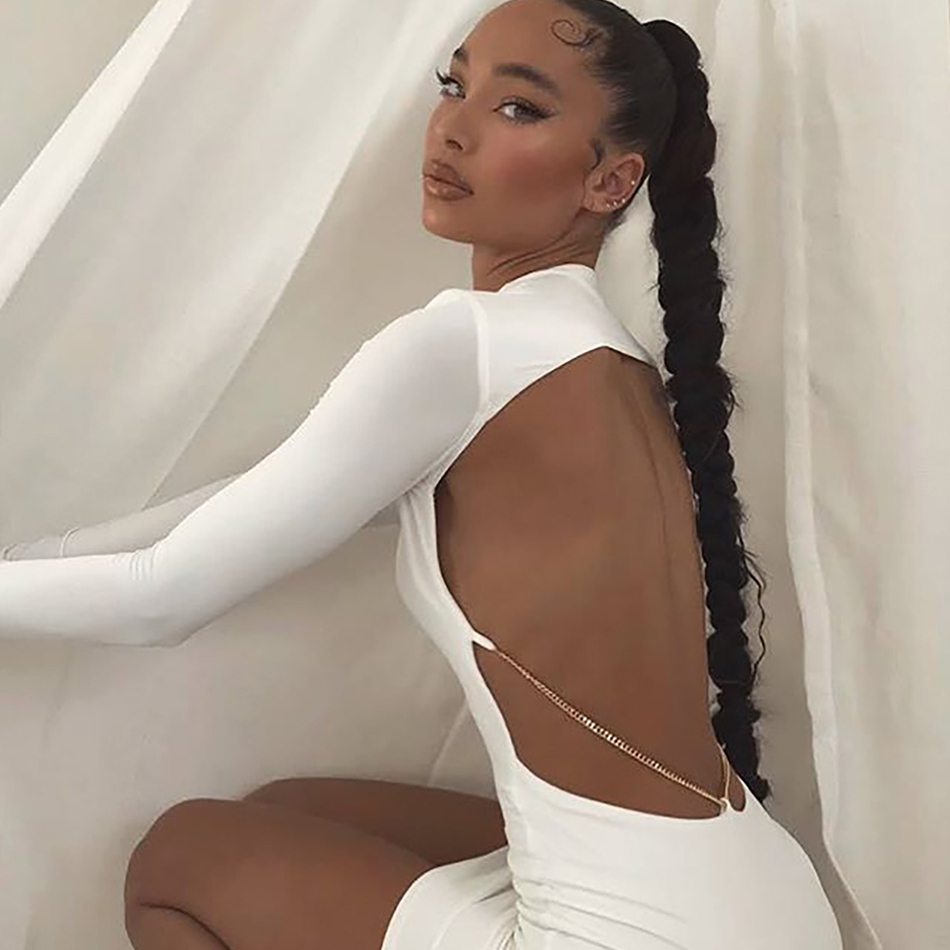 Summer Women White Long Sleeve Club Bodycon Bandage Dress Sexy Backless Mini Celebrity Evening Runway Party 210423