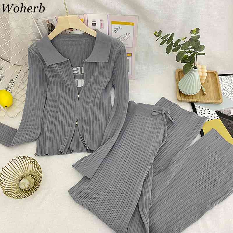 Women Zipper Knitted Cardigans Sweaters + Wide Leg Pants Sets Female Fashion Jumpers Trousers Set Korean Casual Outfit 210519