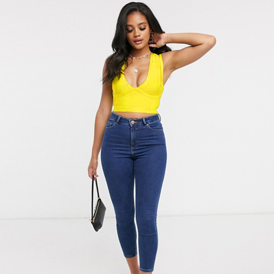 Summer Women Green Tank V Neck Bodycon Bandage Tops Sexy Sleeveless Club Celebrity Runway Party Crop 210423