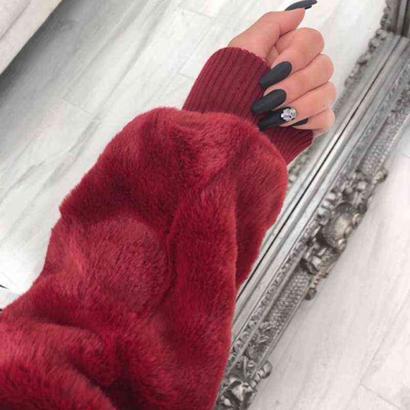 Women's Faux Fur Coat High-waist Hooded Fashion Cardigan Long-sleeved Loose Thin Faux Rabbit Fur Coat Jacket Women 211123