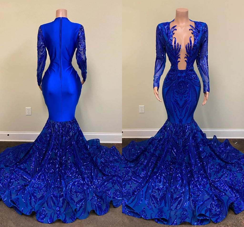 Royal Blue Mermaid Prom Dresses Real Image Long Sleeve Shiny Sequins Applique Trumpet African Black Girls evening Gala Gowns