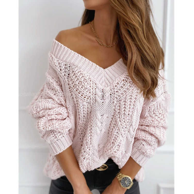 Women Solid Hollow Out Ribbed Knitted Sweater Autumn Winter V Neck Tops Casual Female Long Sleeve Loose Pullover 211007