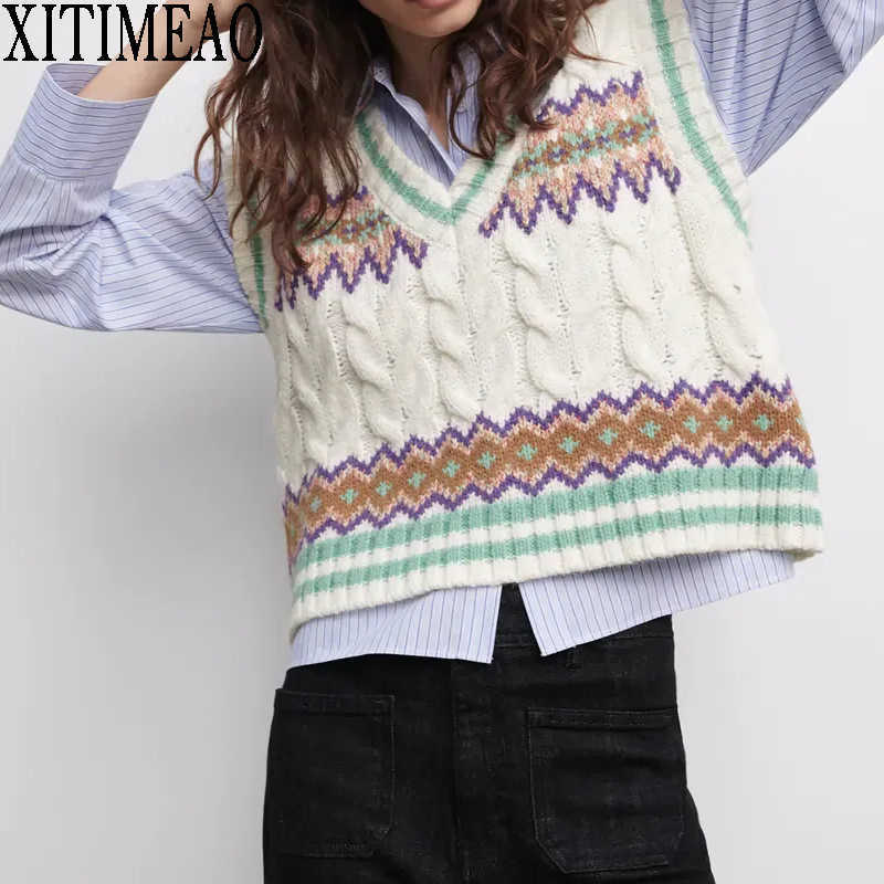 ZA Women Fashion Knitted Vest Sweater V-neck Sleeveless Retro Printing Loose Female Waistcoat Chic Tops XITIMEAO 210604, As picture
ZA Women Fashion Knitted Vest Sweater V-neck Sleeveless Retro Printing Loose Female Waistcoat Chic Tops XITIMEAO 210604, As picture