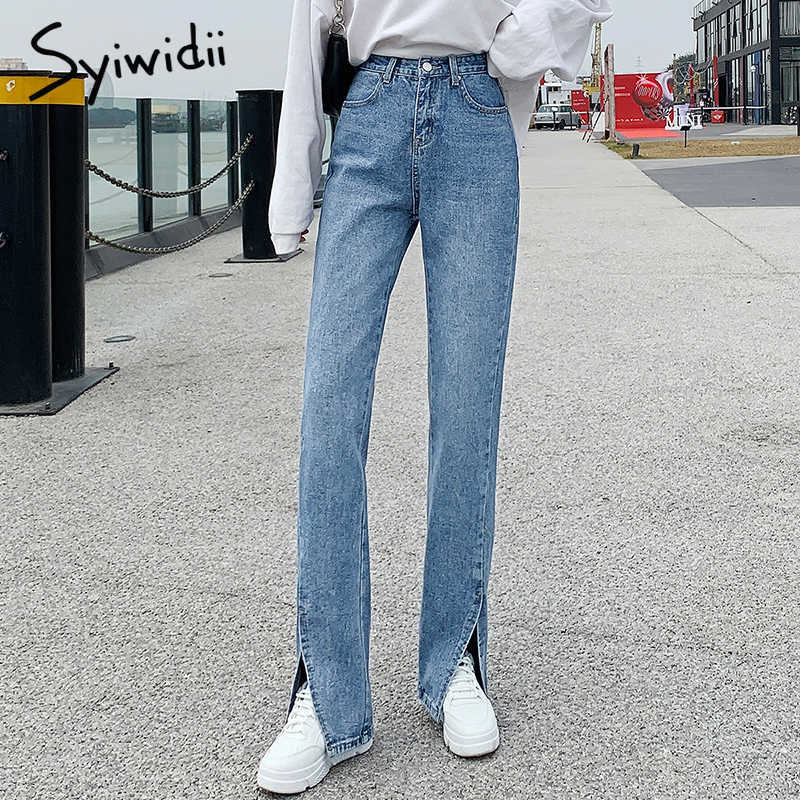 Syiwidii Women Jeans Black Flare Pants Front Side Slit Leg Fall High Waisted Bell Bottom Full Length Denim Clothes 210922