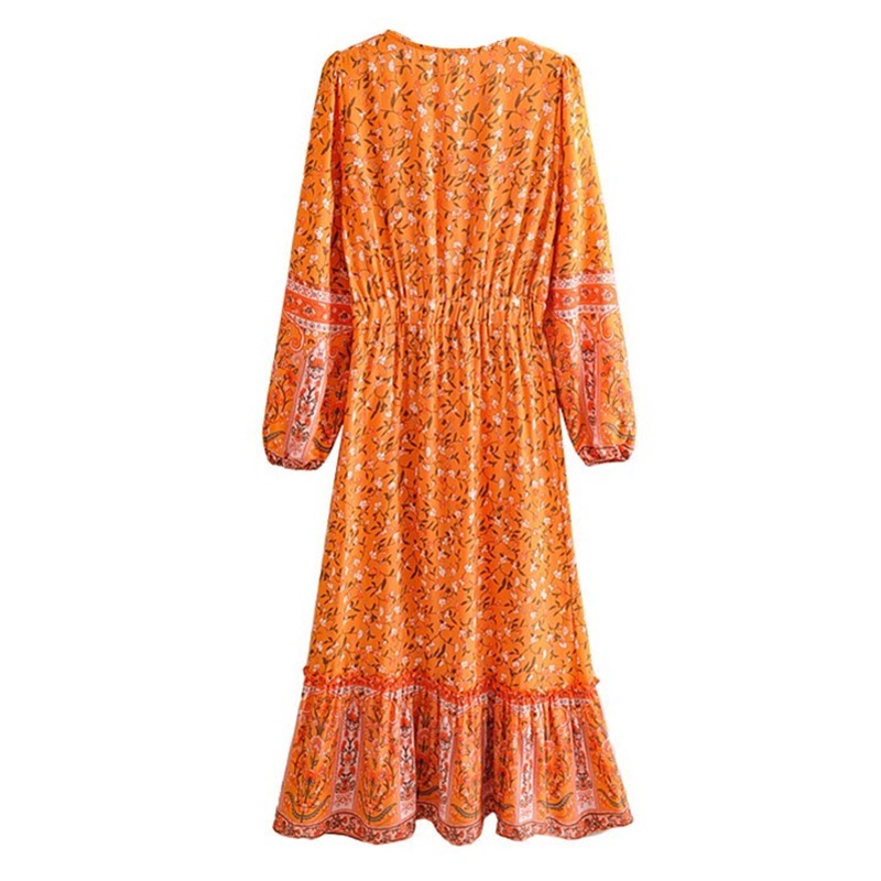Bohemia Buttons V neck Floral Print BOHO Long Sleeve Dress Woman Bow Strappy Elastic Waist Midi Holiday Dresses 210429
