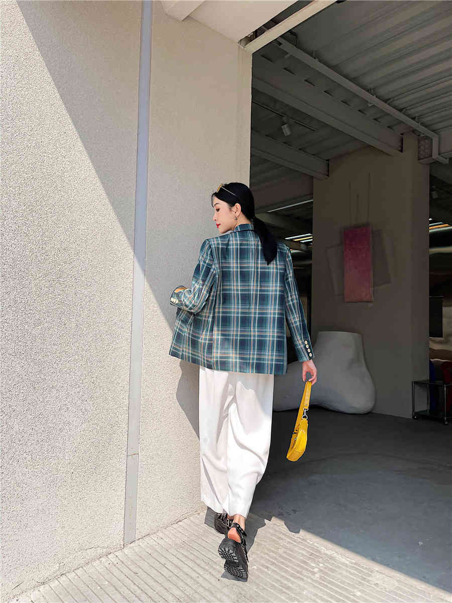 British Style Plaid Green Blazer Women Fashion Jacket Patch Ladies Suit Tailored Coat Spring 210427