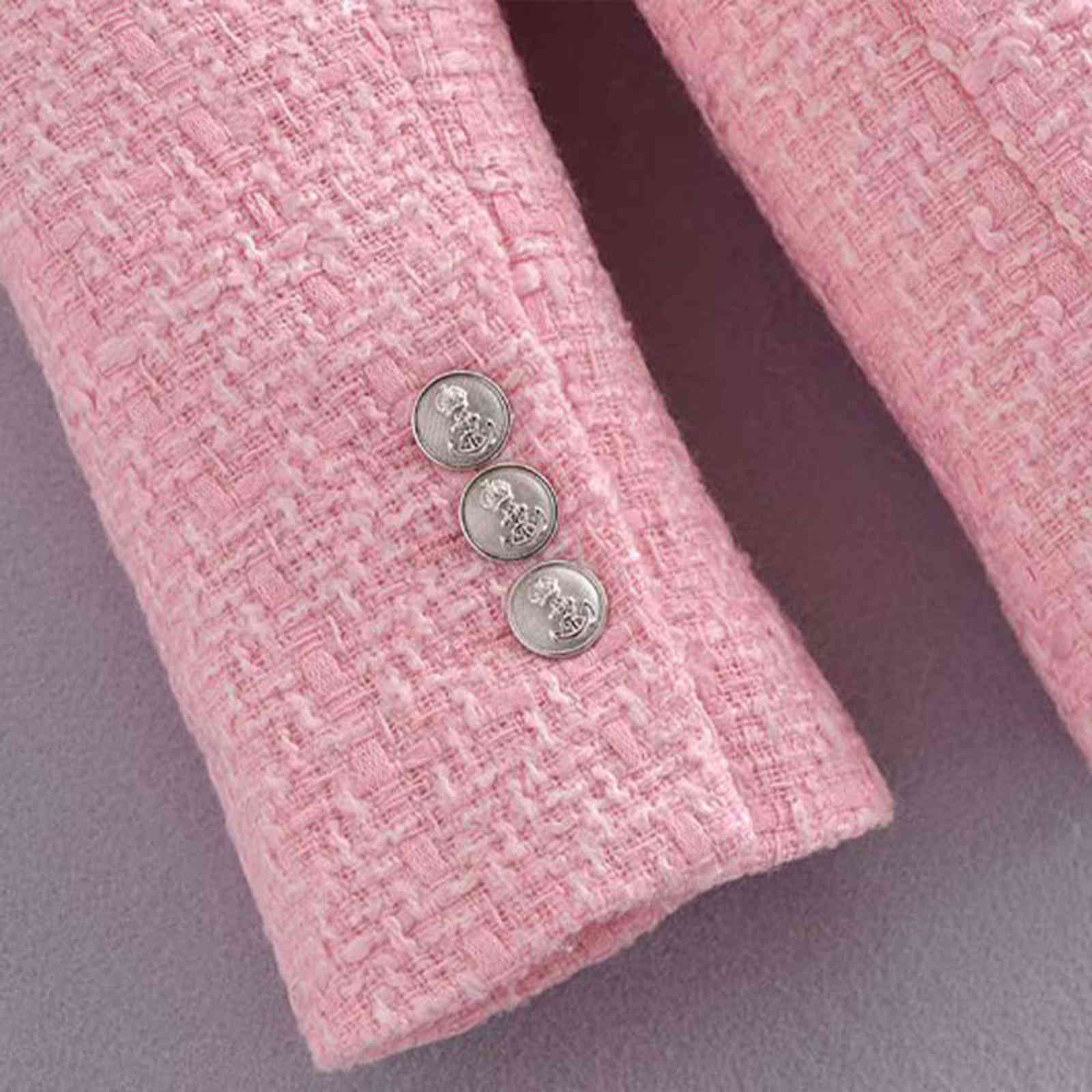 style women's jacket spring pink lapel long-sleeved double-breasted European and American sub-textured blazer 211122